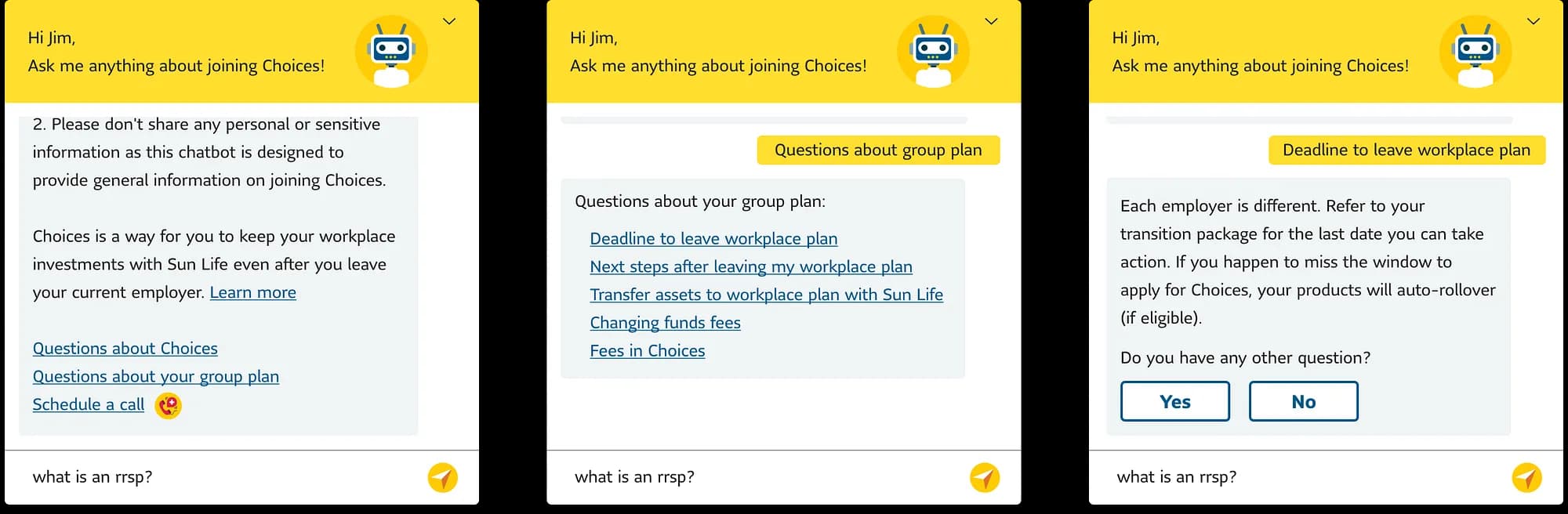 Quick action buttons in the chatbot interface for top user intents