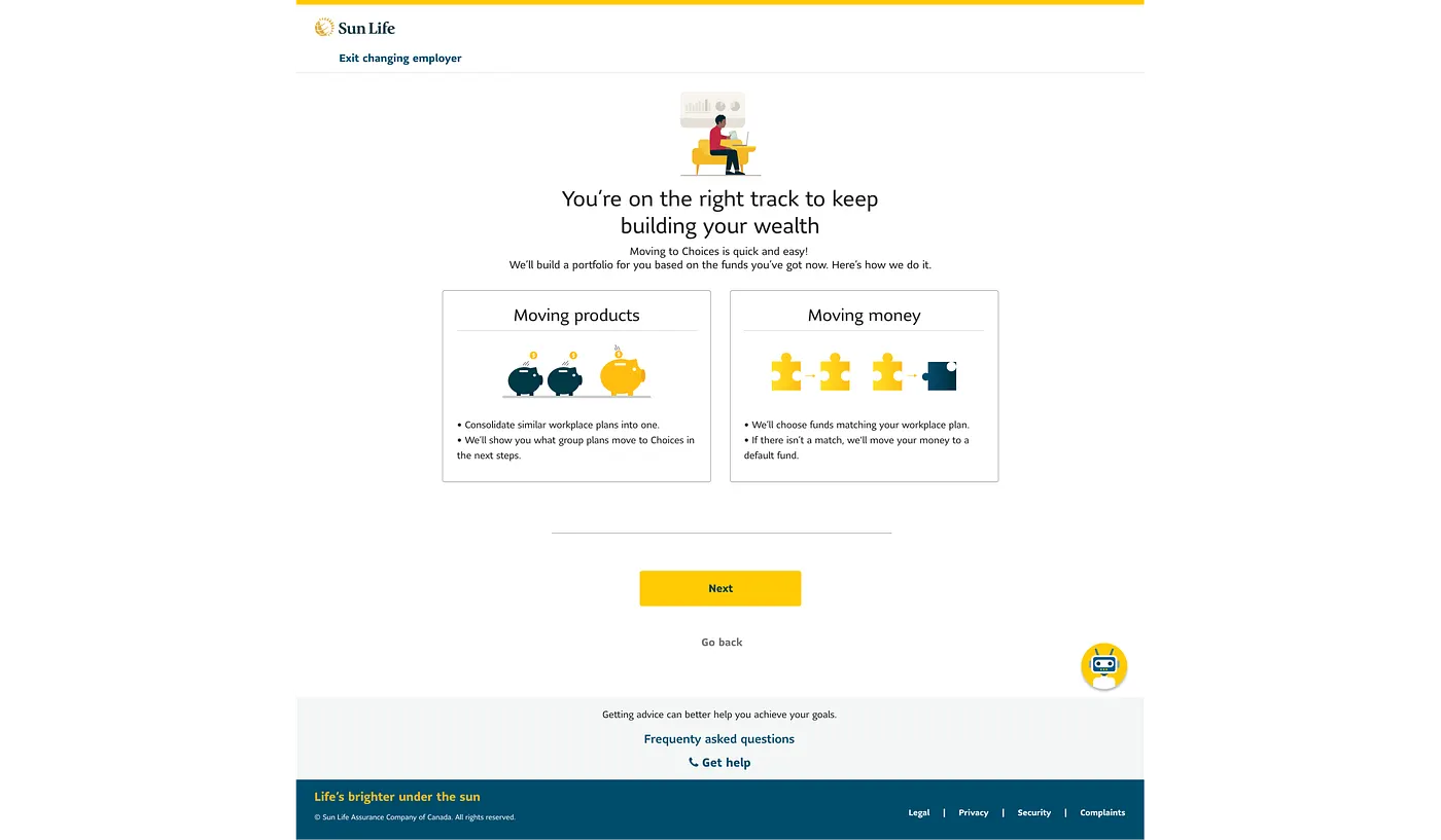 Chat widget placement in the bottom-right corner of the Choices landing page