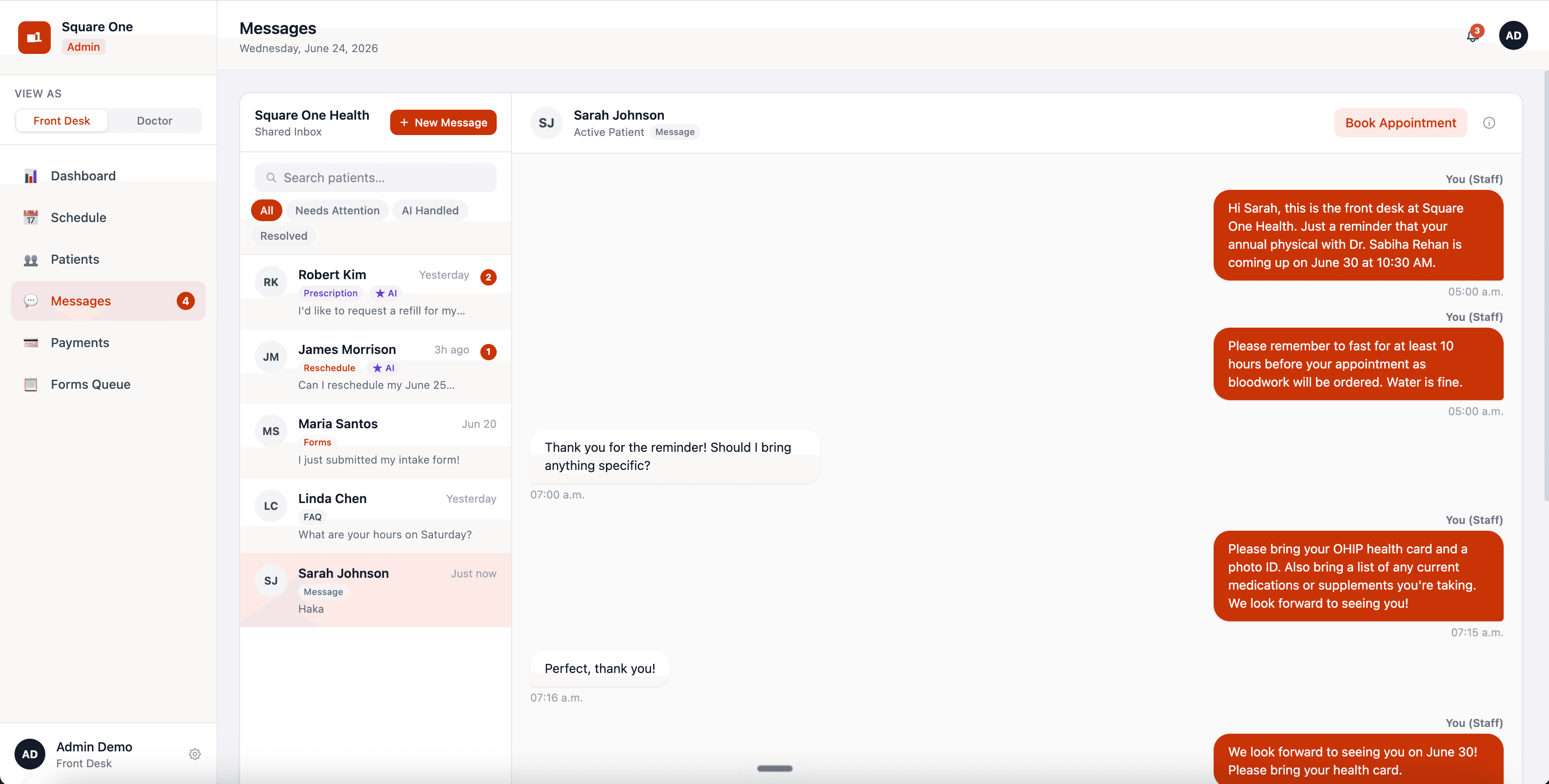 SQ1 admin panel showing schedule, pending appointments, and patient messaging