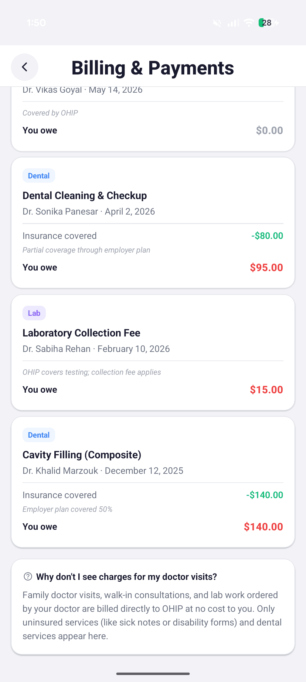Billing invoice list with OHIP, dental, and lab category badges