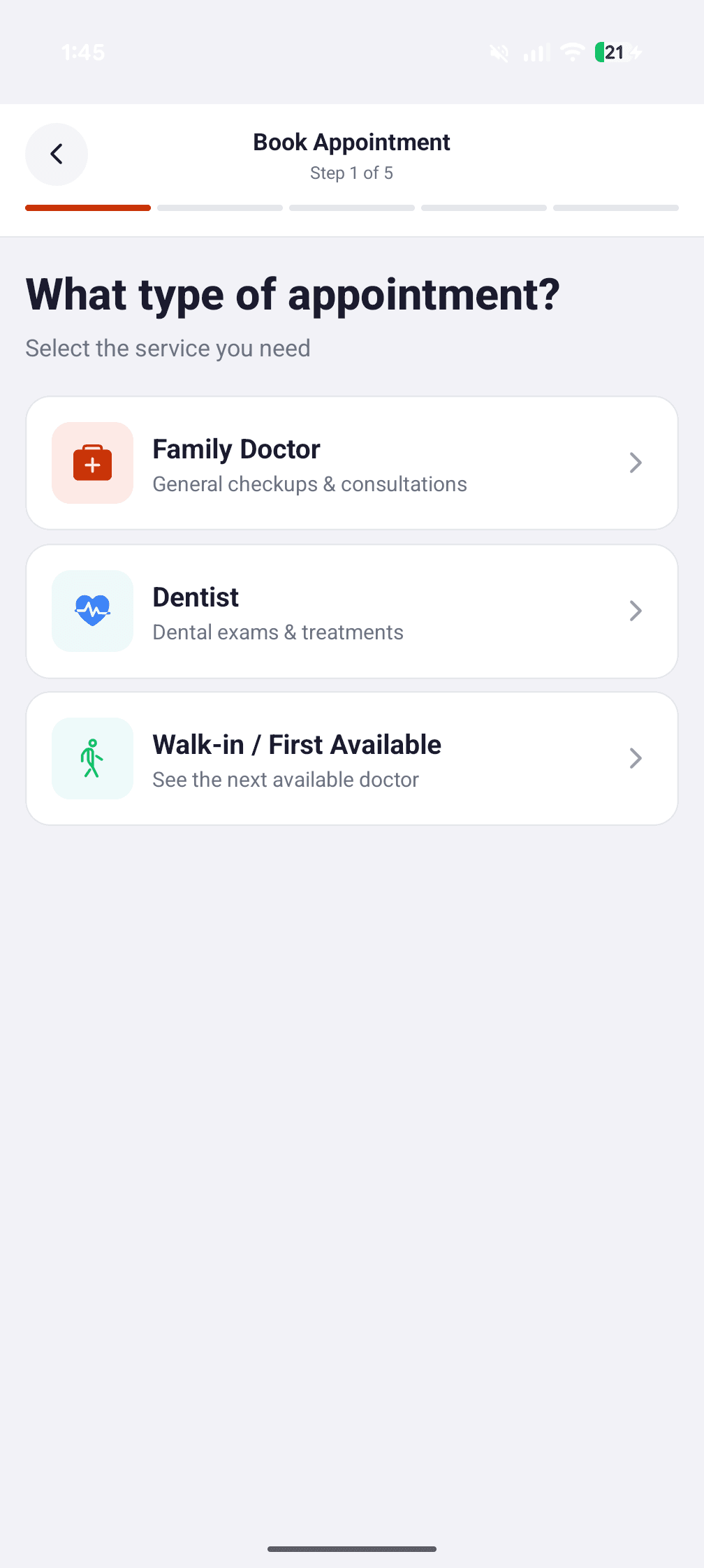 Step 1 — select appointment type