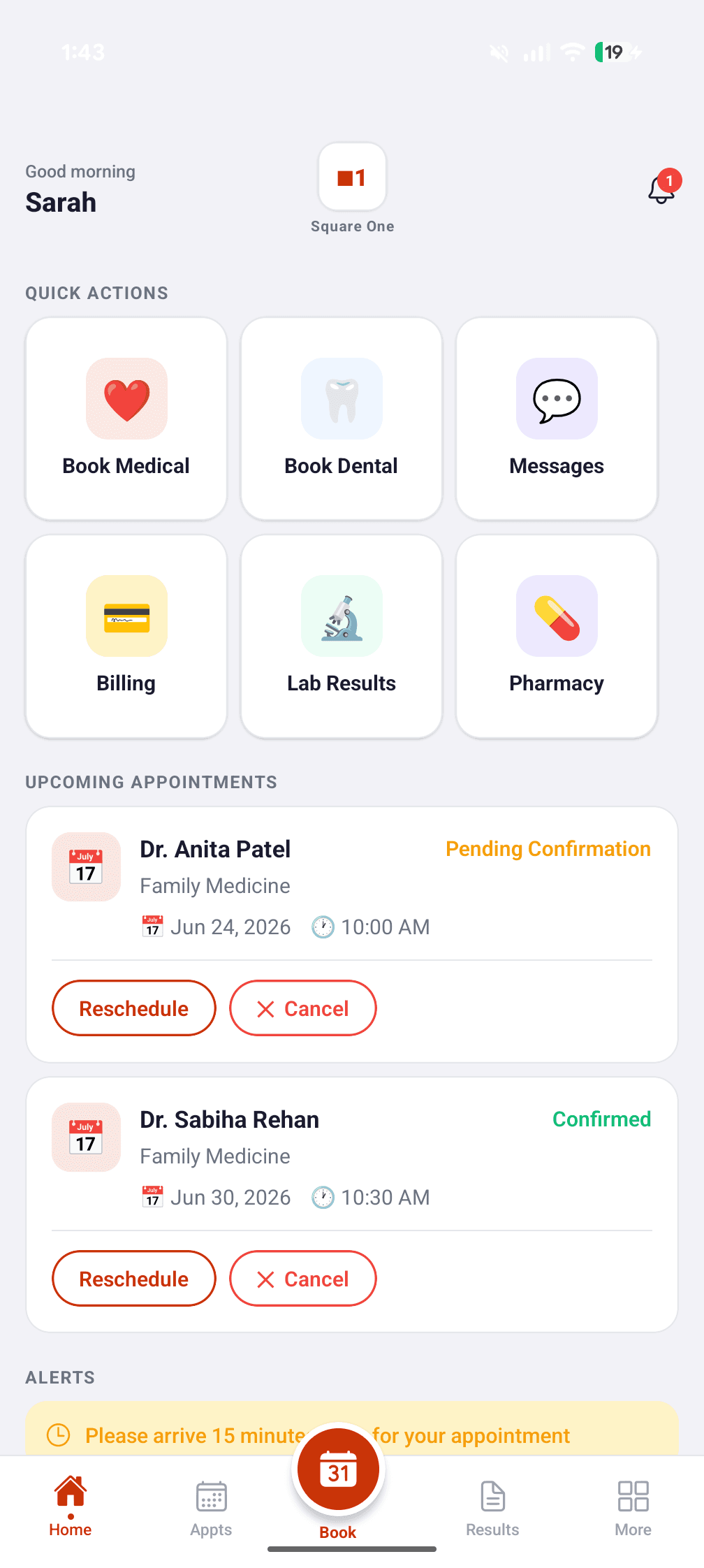 SQ1 home screen with quick actions grid and upcoming appointment card