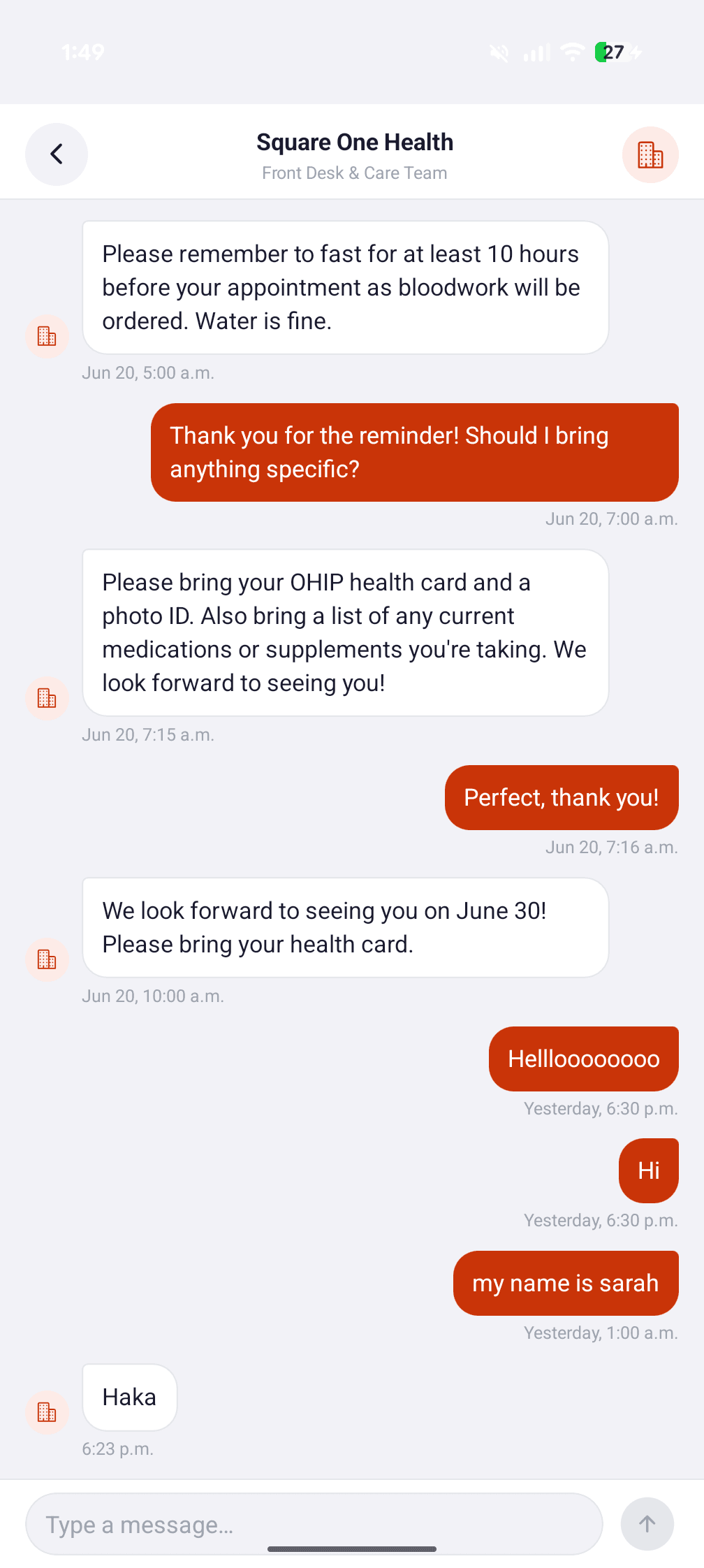 Active chat thread with Square One Health care team