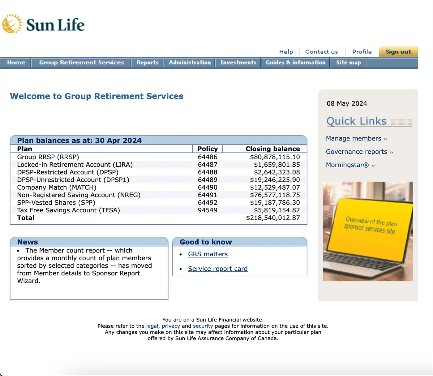 GRS Sponsor Site homepage before the redesign, outdated layout and branding
