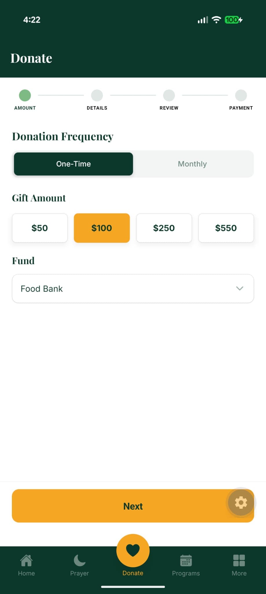 ISNA Canada donate screen showing preset donation amounts and fund selection