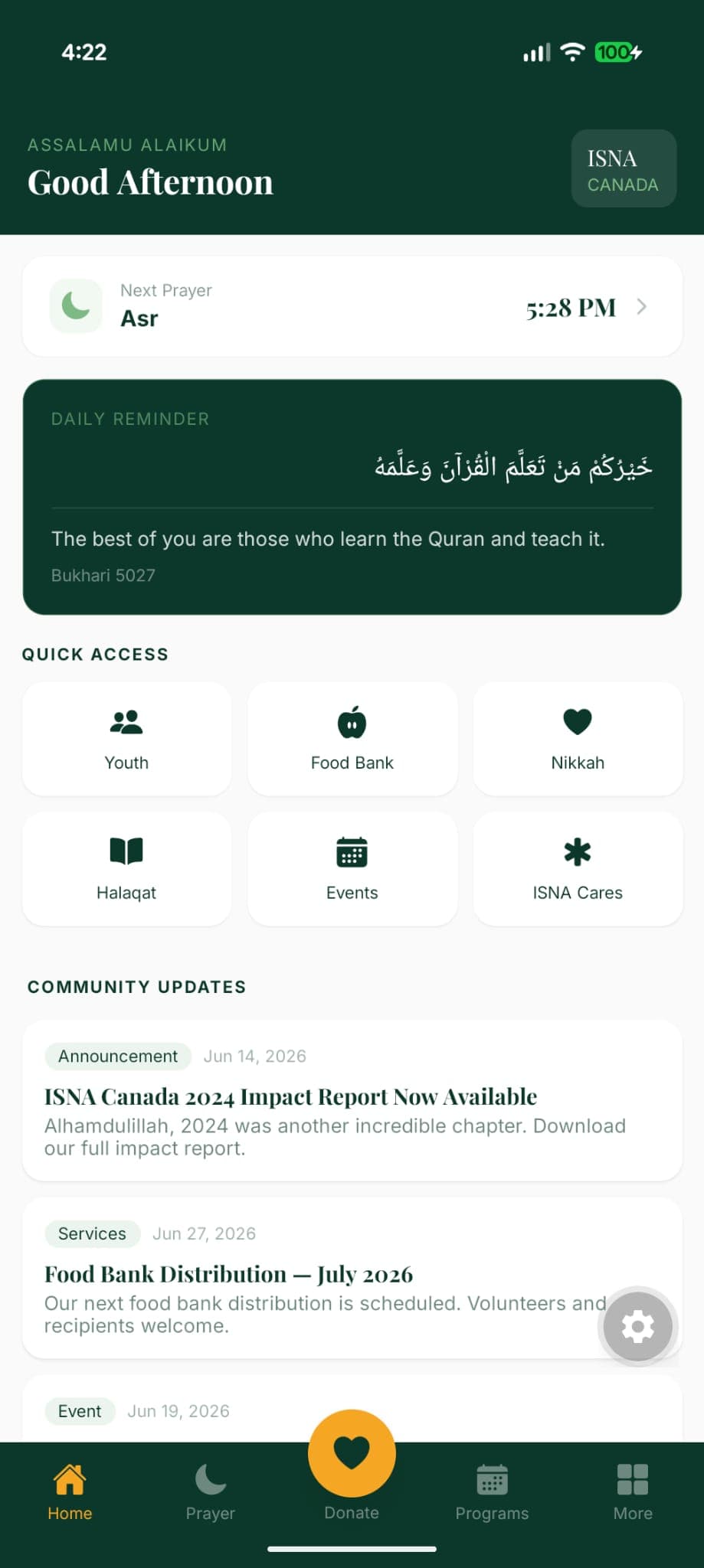 ISNA Canada home screen showing greeting, next prayer countdown, daily hadith, and quick access grid