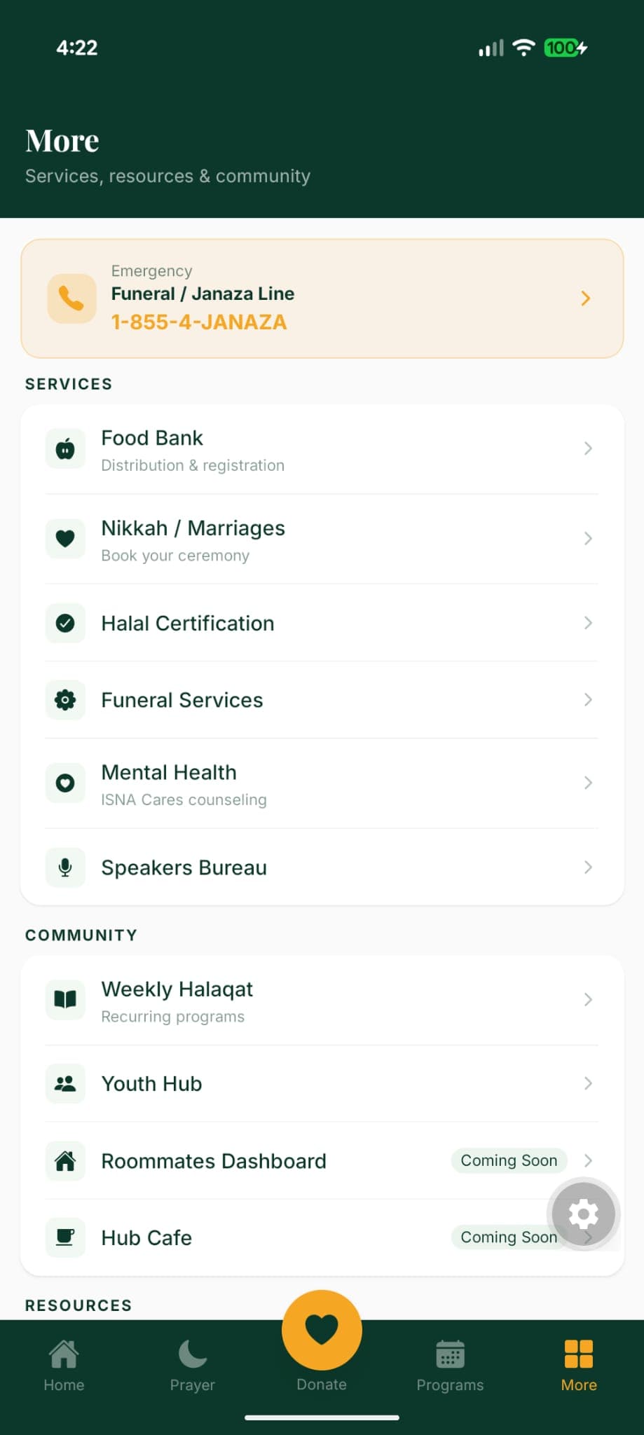 ISNA Canada more screen showing services directory with emergency Janaza line and community resources