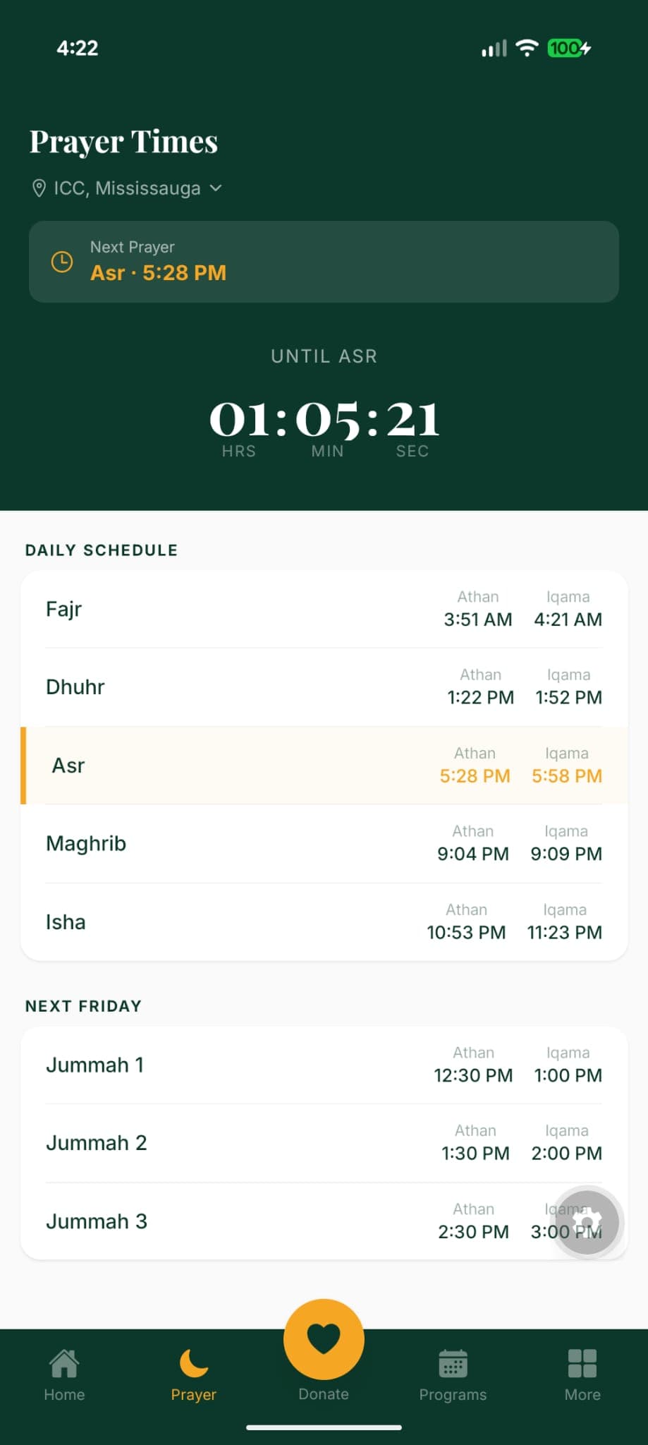 ISNA Canada prayer screen showing daily prayer schedule with countdown timer