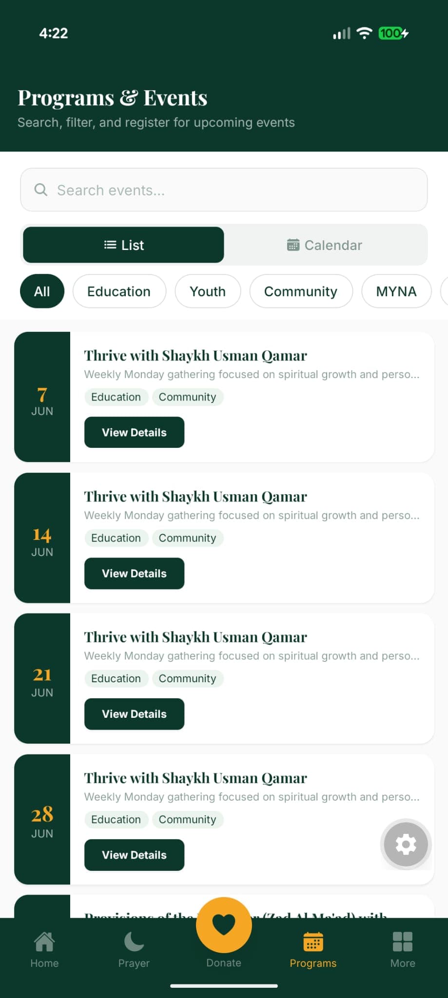 ISNA Canada programs screen showing event and program listings with category filters