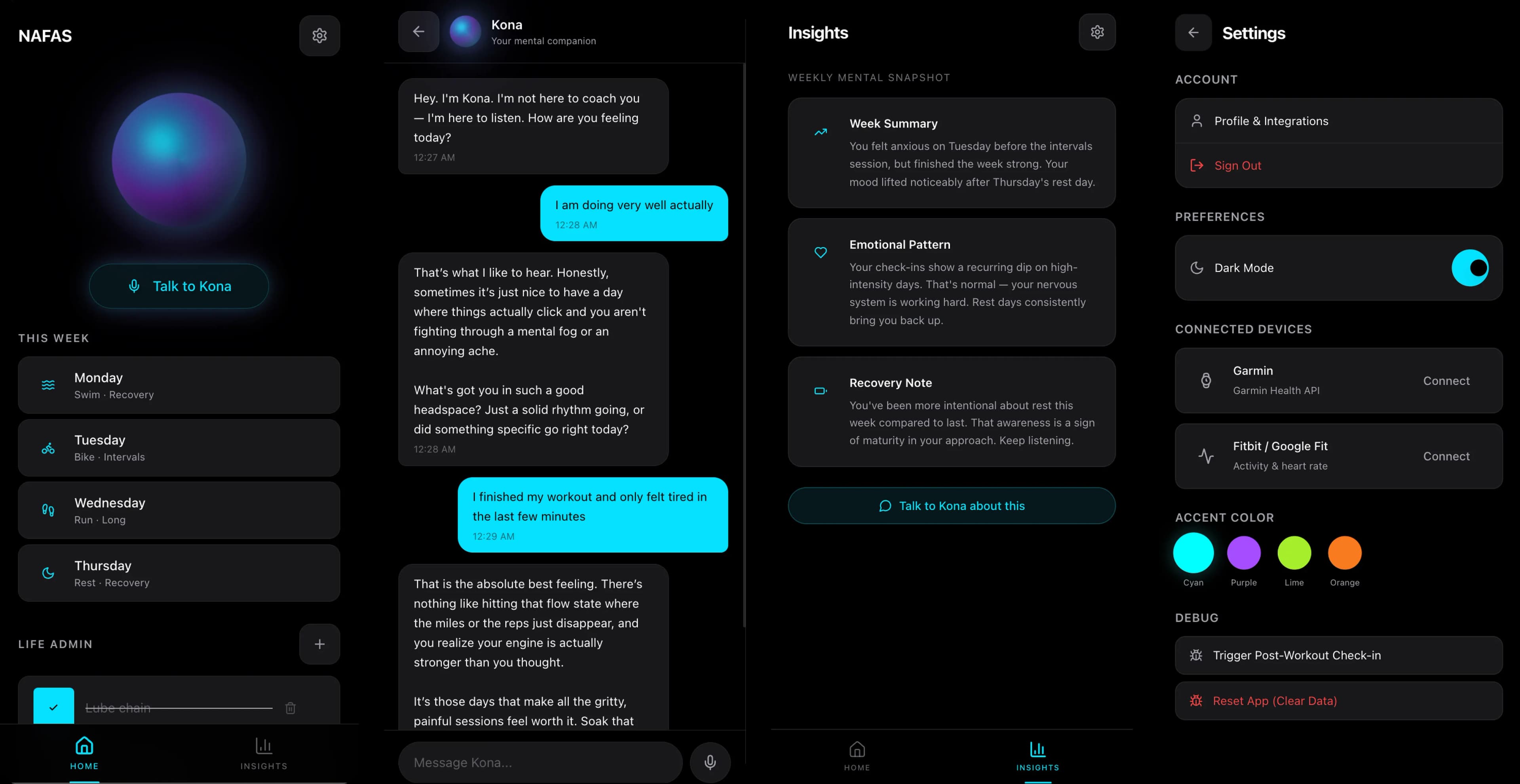 NAFAS complete user flow, onboarding through first check-in