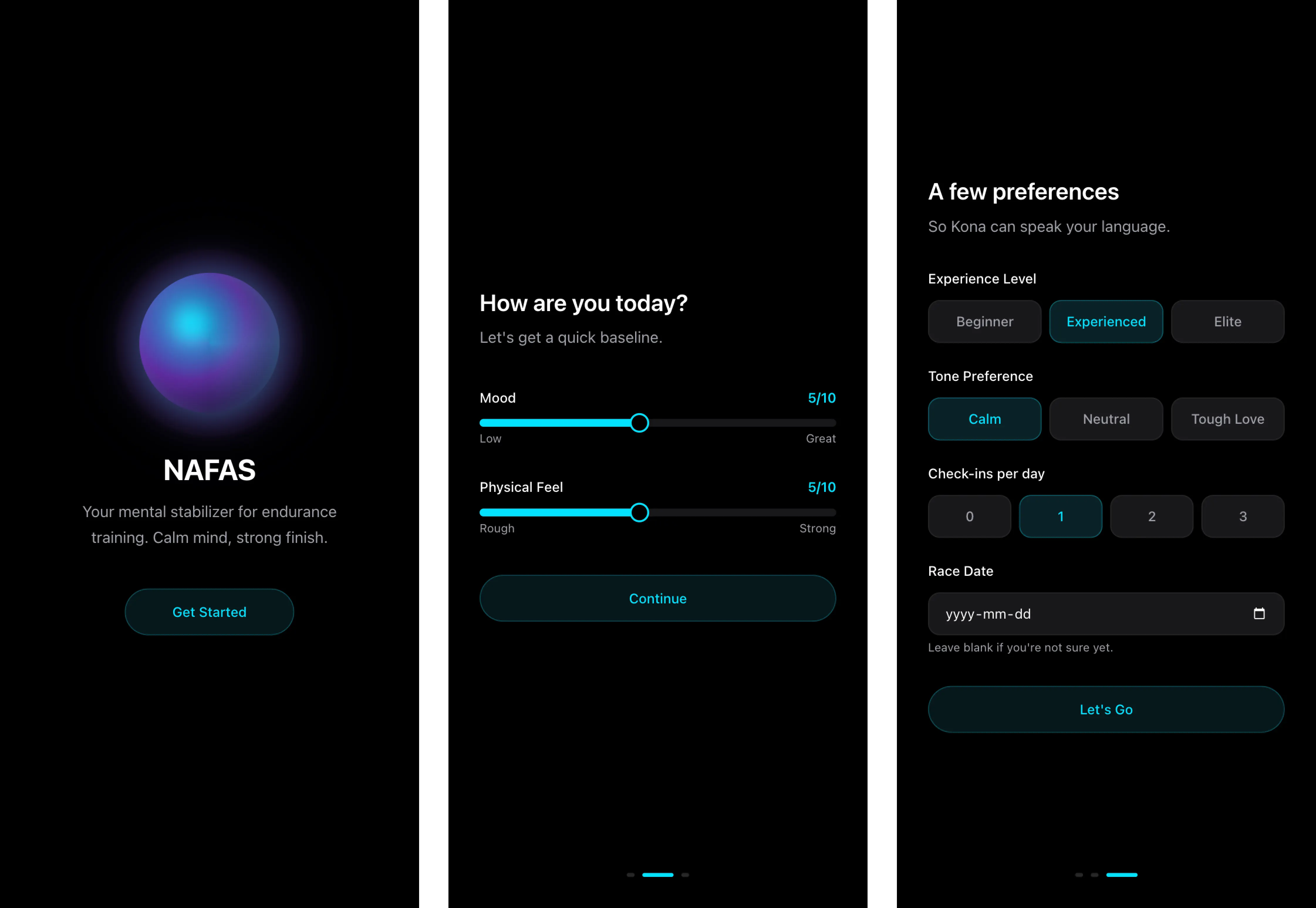 NAFAS onboarding flow, progressive disclosure, tone selection, and Kona introduction screens