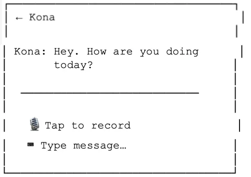 NAFAS Kona chat wireframe, voice-first conversation interface