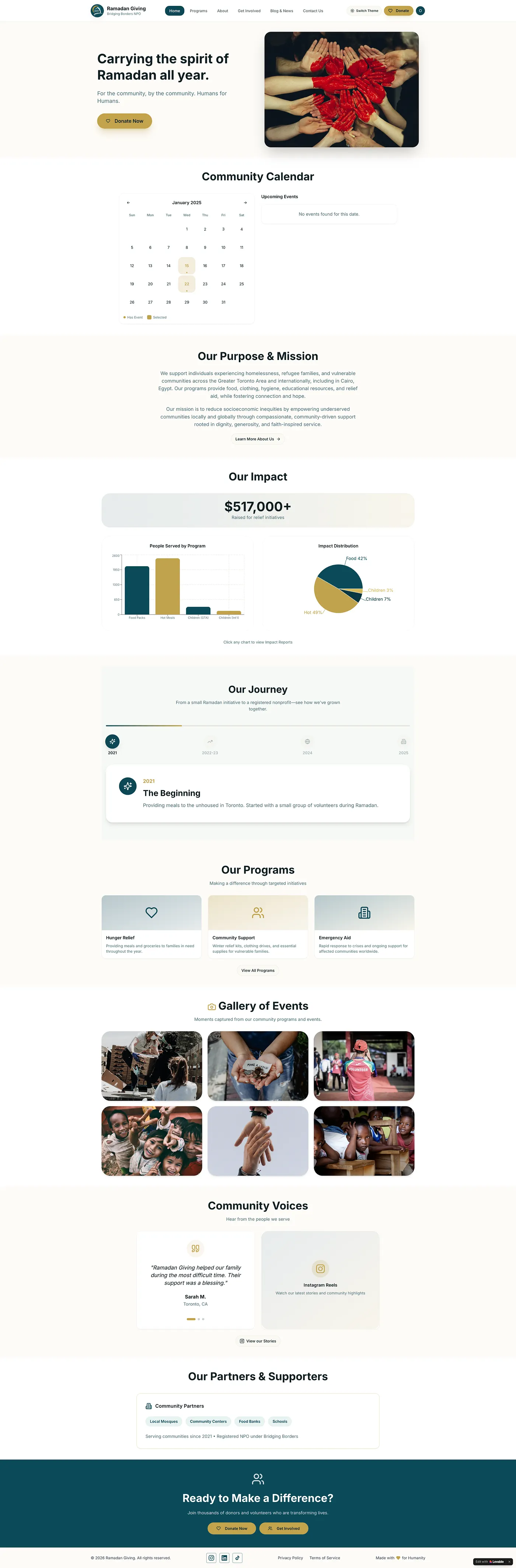 Ramadan Giving homepage design, mission statement, donate and volunteer CTAs