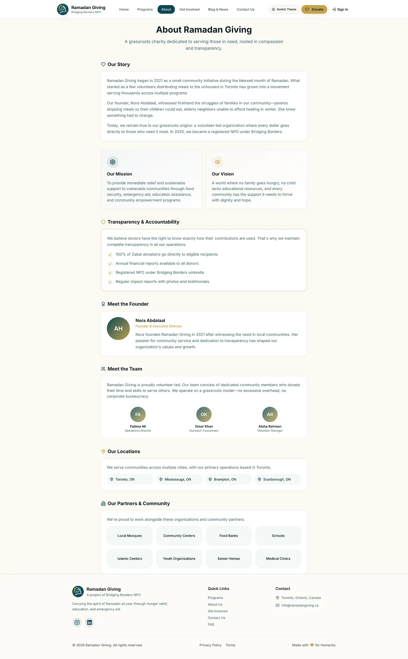 Ramadan Giving about page, founder story and organisation transparency