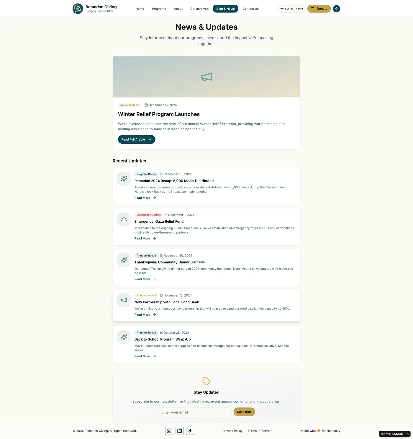 Ramadan Giving news and updates page, programme highlights and announcements