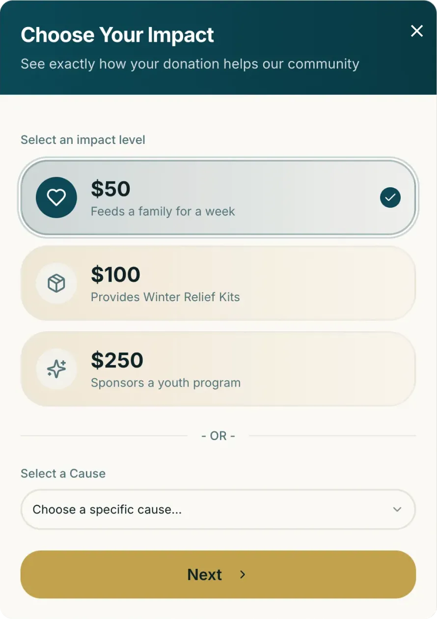 Ramadan Giving donation flow, step one, giving selection