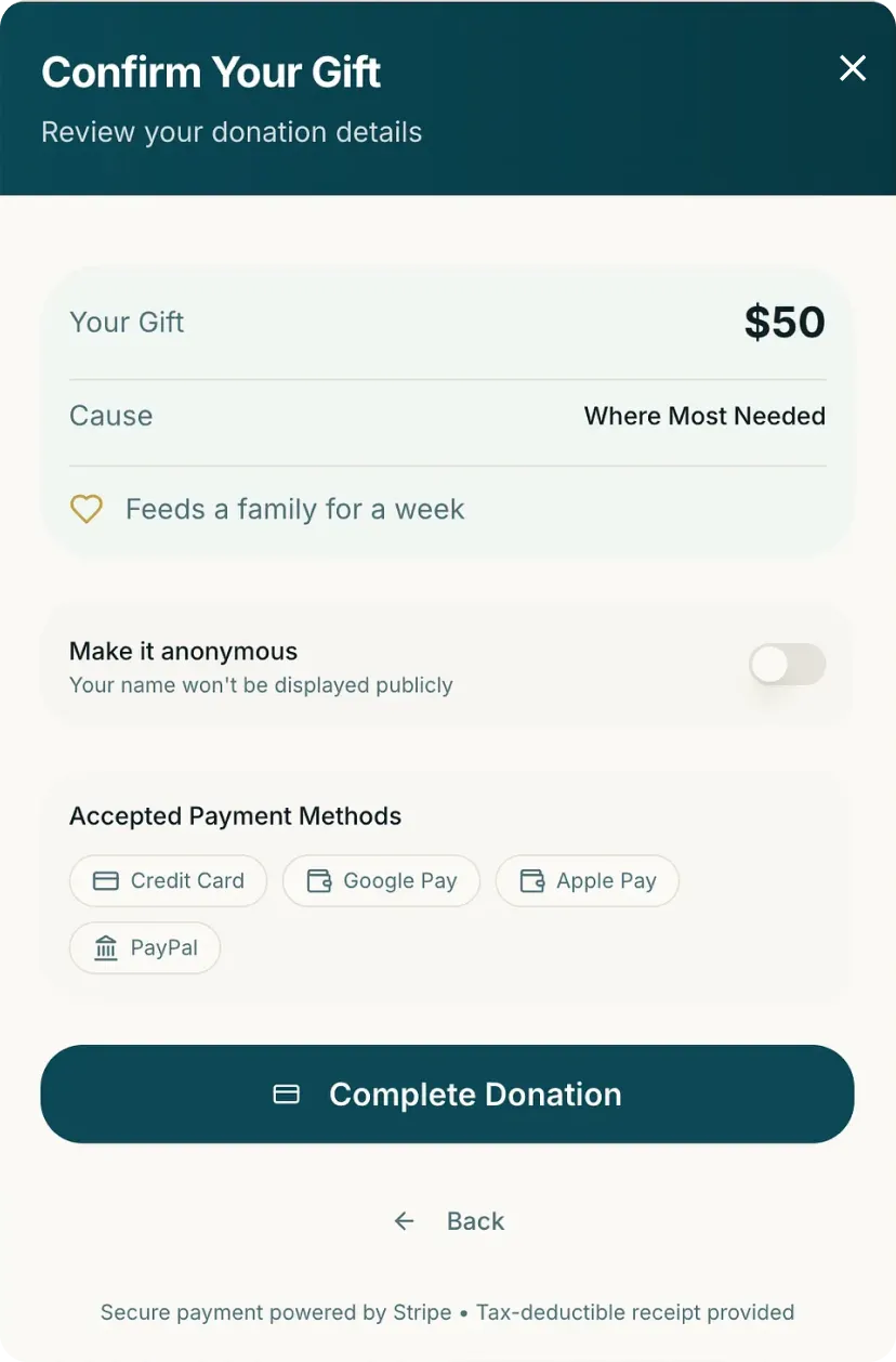 Ramadan Giving donation flow, step two, confirmation