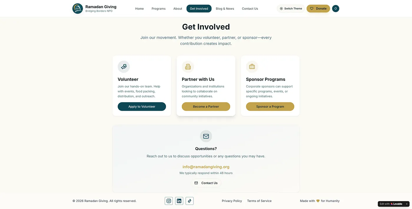 Ramadan Giving get involved page, volunteer and partnership options