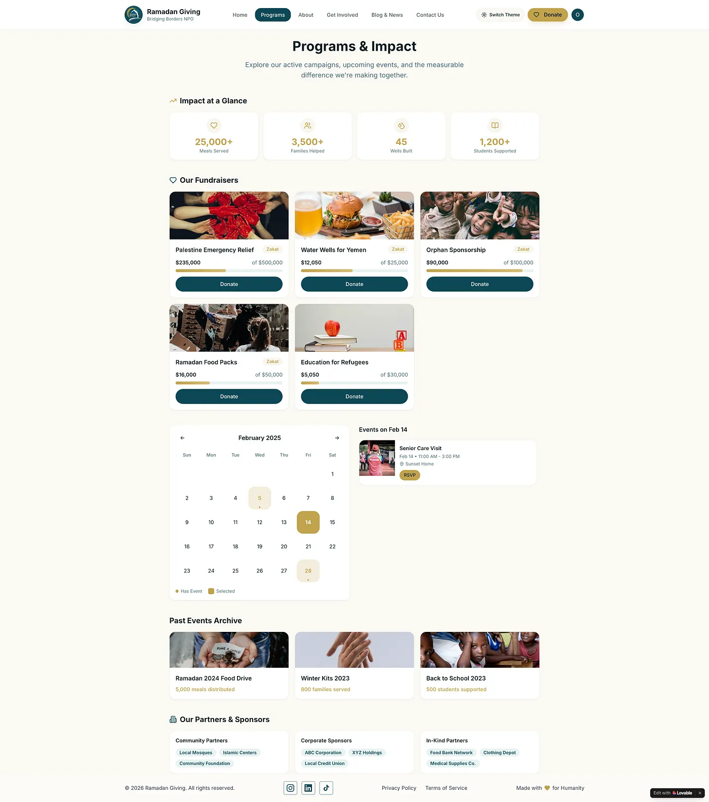 Ramadan Giving programs and impact page, outcomes and giving options