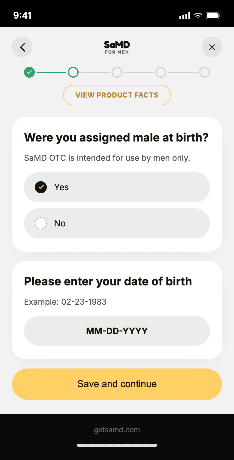 SaMD self-check flow, one question per screen, step 2 of 20