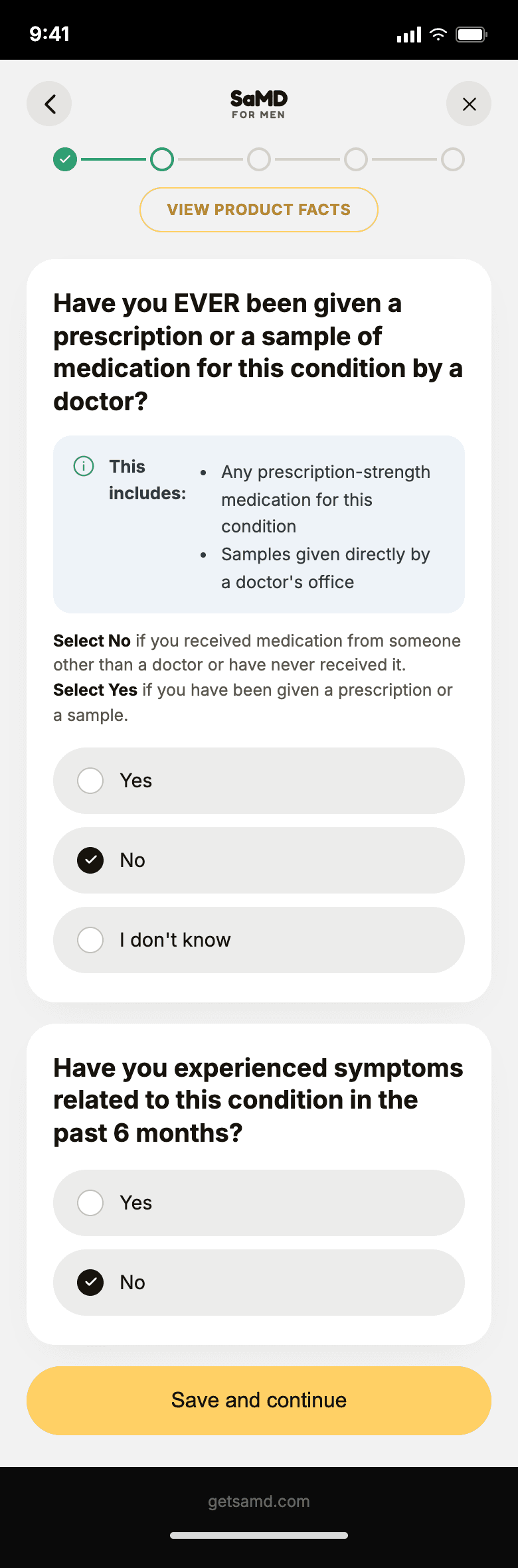 SaMD self-check flow, one question per screen, step 4 of 20