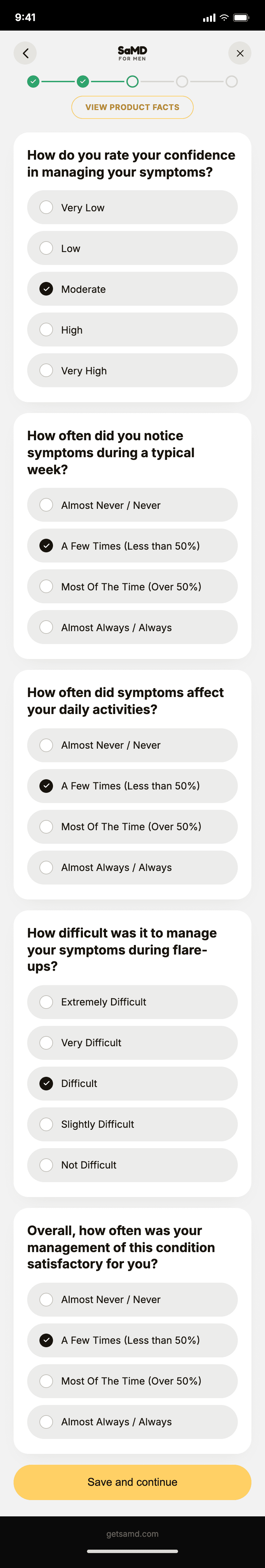 SaMD self-check flow, one question per screen, step 6 of 20