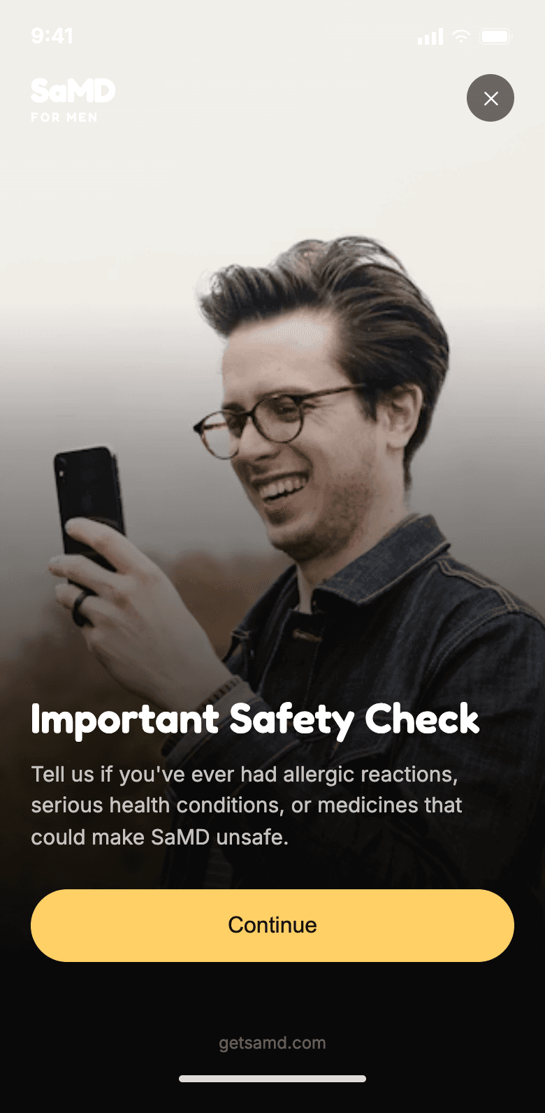 SaMD self-check flow, one question per screen, step 7 of 20