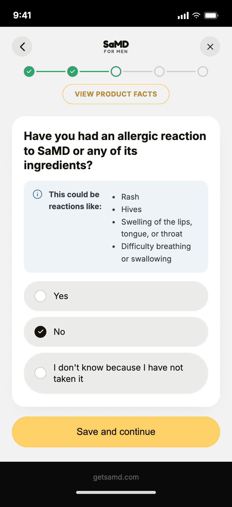 SaMD self-check flow, one question per screen, step 8 of 20