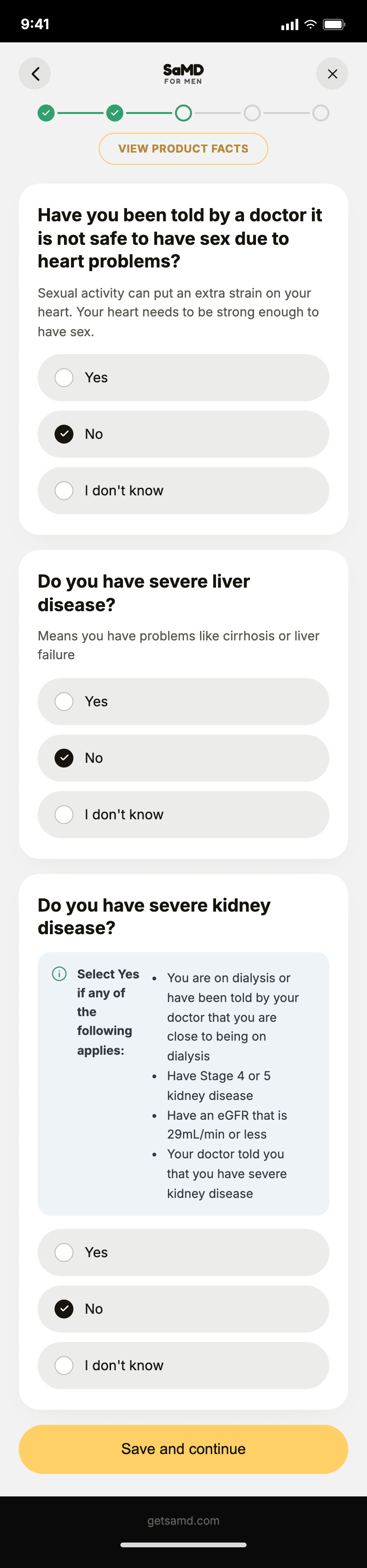SaMD self-check flow, one question per screen, step 9 of 20