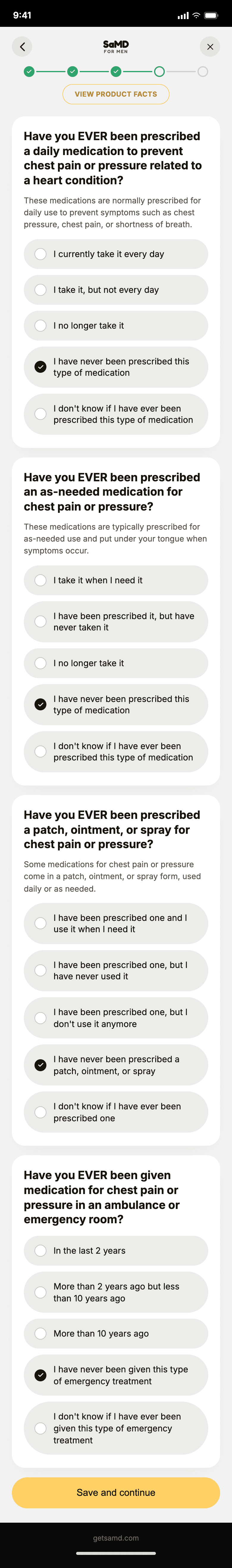 SaMD self-check flow, one question per screen, step 10 of 20