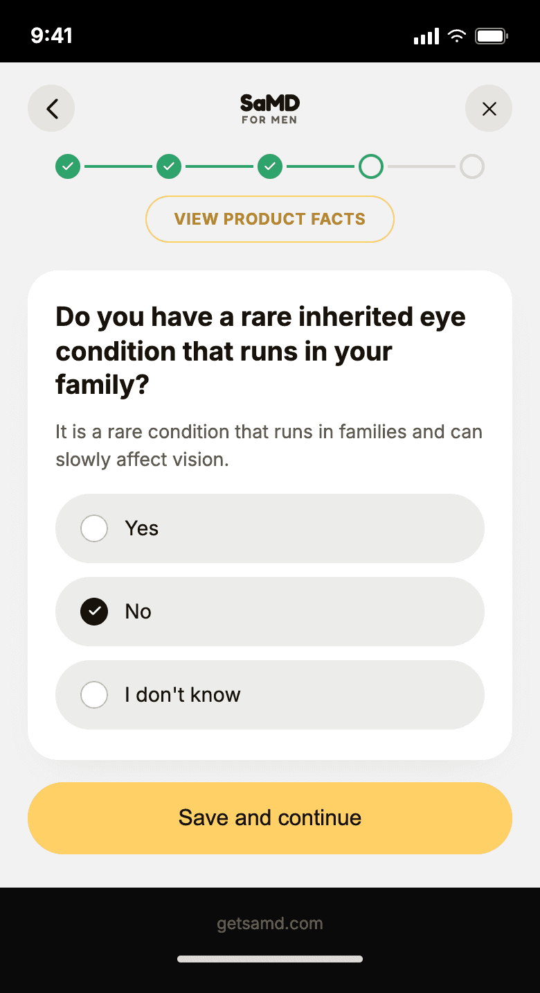 SaMD self-check flow, one question per screen, step 12 of 20