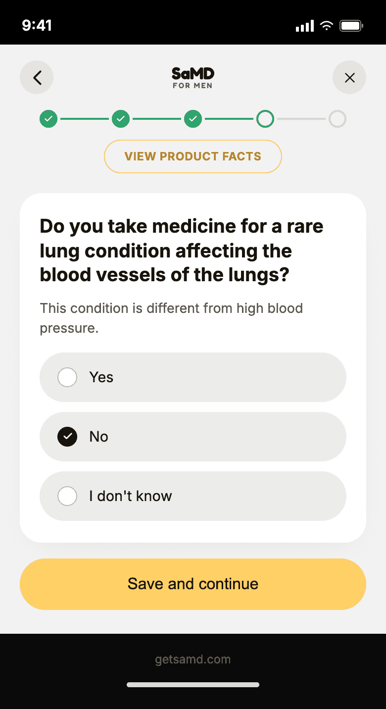 SaMD self-check flow, one question per screen, step 13 of 20