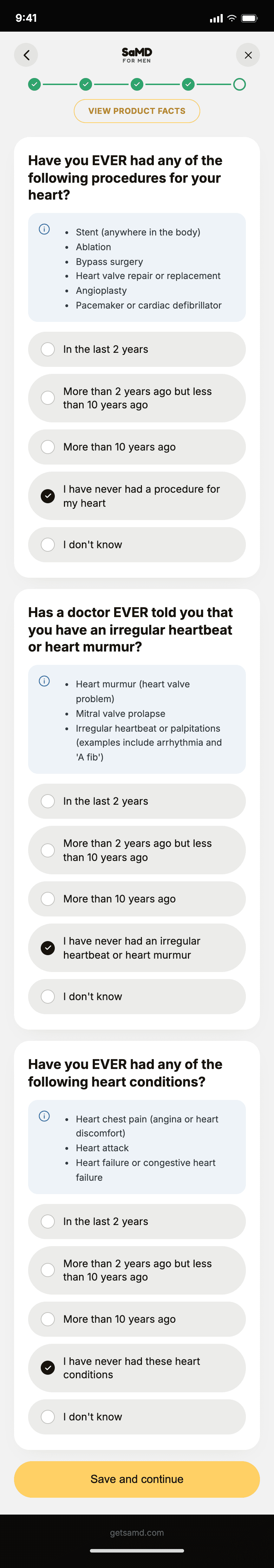 SaMD self-check flow, one question per screen, step 15 of 20