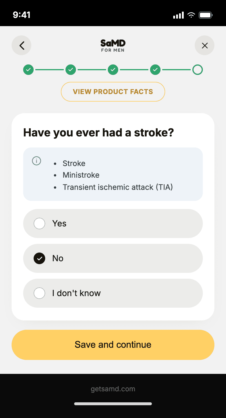 SaMD self-check flow, one question per screen, step 16 of 20