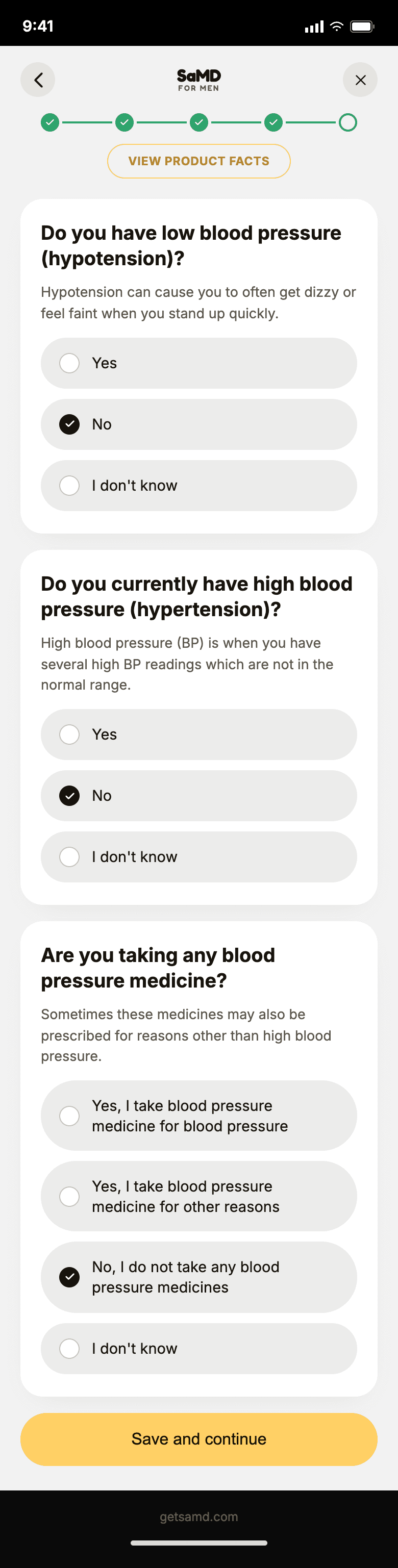 SaMD self-check flow, one question per screen, step 17 of 20