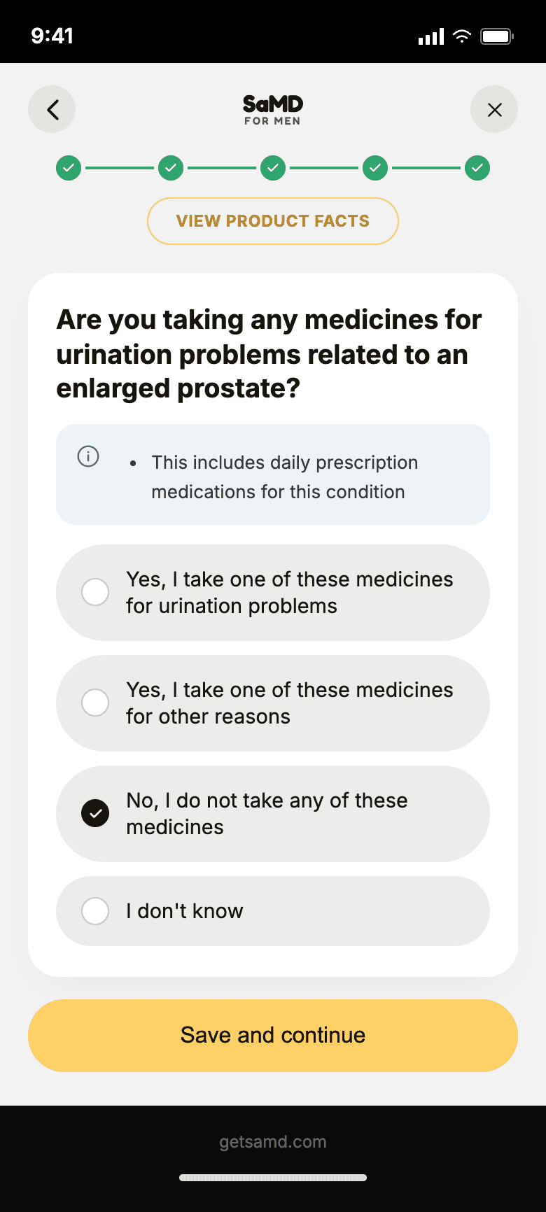 SaMD self-check flow, one question per screen, step 18 of 20
