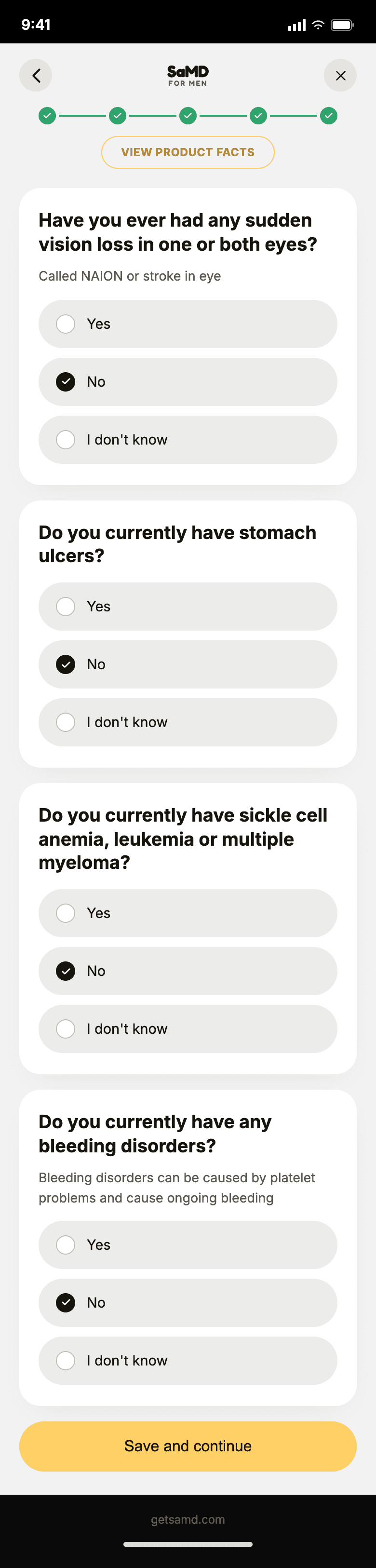 SaMD self-check flow, one question per screen, step 19 of 20