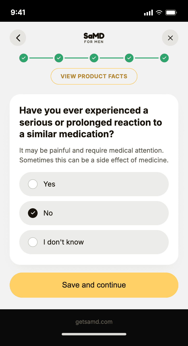 SaMD self-check flow, one question per screen, step 20 of 20