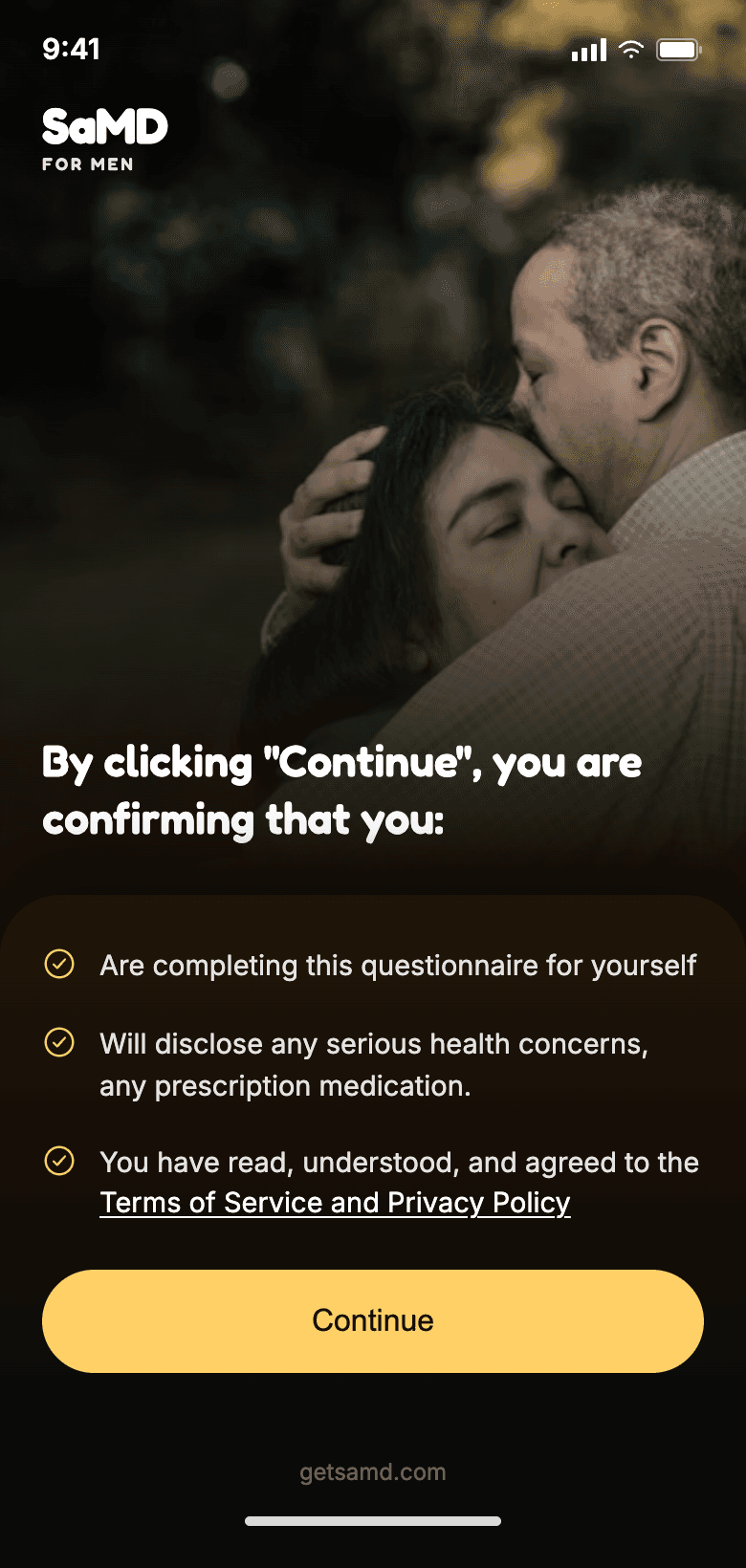 SaMD consent confirmation screen listing what the user agrees to before starting the self-check
