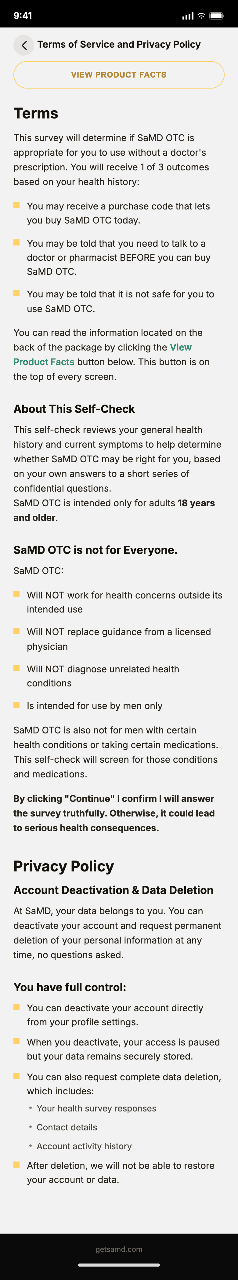 SaMD terms of service and privacy policy detail screen