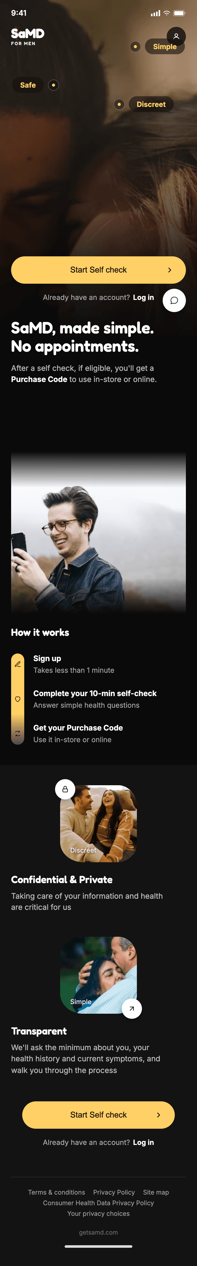 SaMD mobile landing screen with hero photo, trust badges, and primary self-check call to action