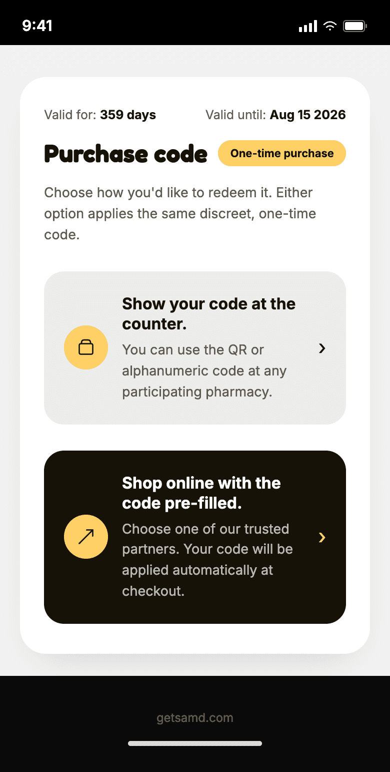 SaMD purchase code outcome screen with in-store and online redemption options