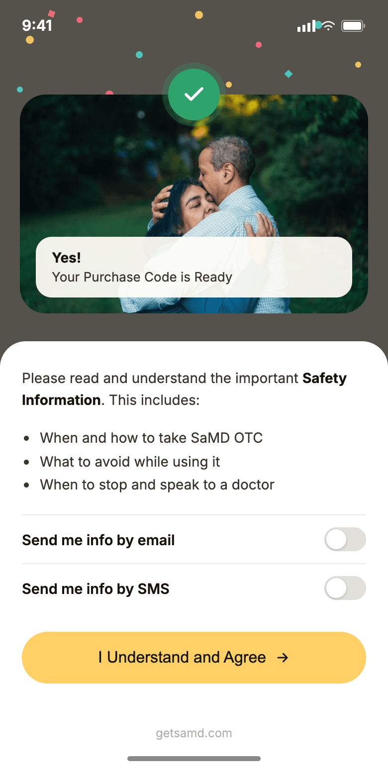 SaMD approval confirmation screen with mandatory safety information before continuing