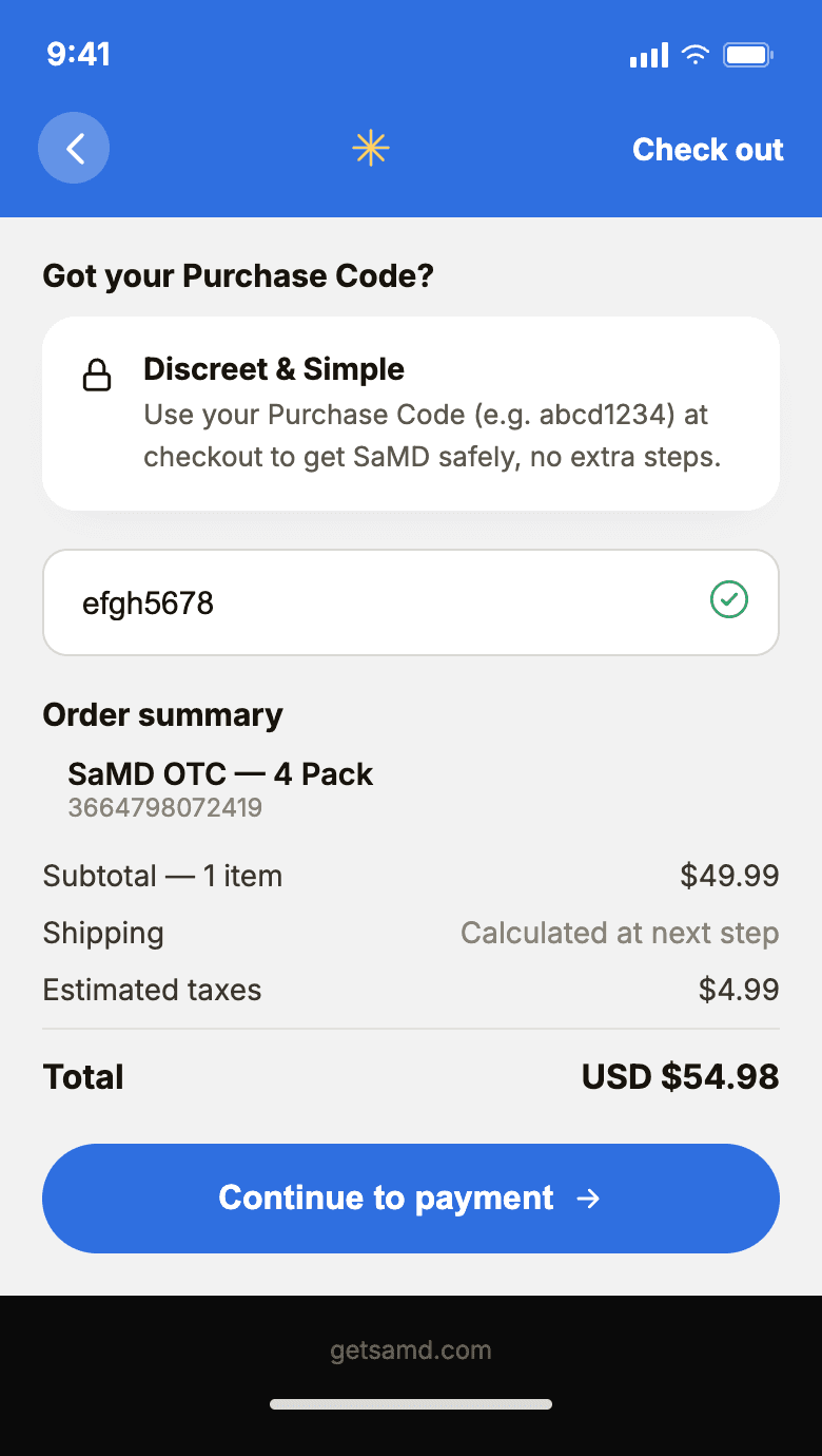 SaMD checkout screen with purchase code applied on a partner site