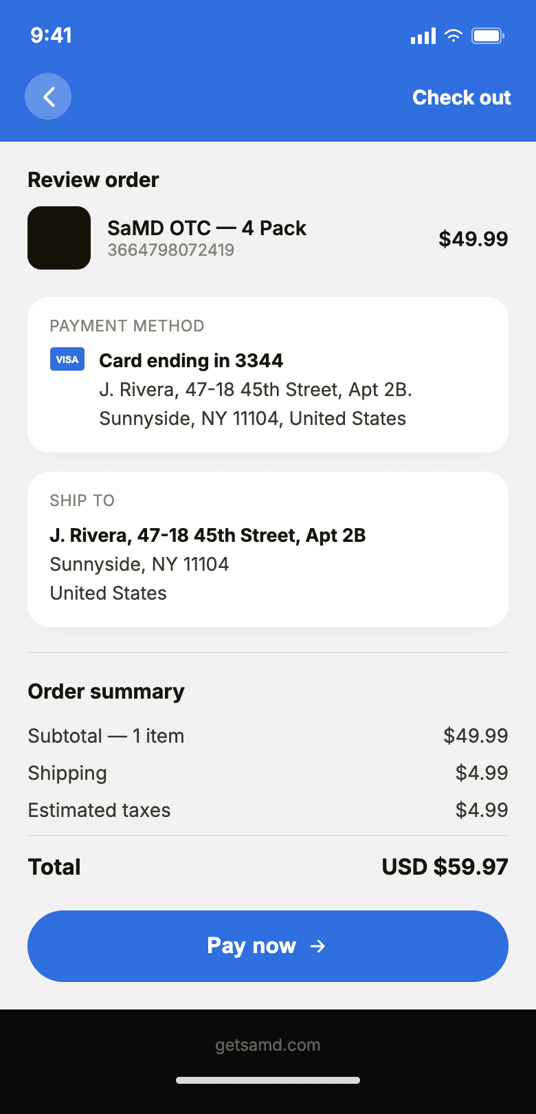 SaMD review order screen with payment method and shipping address