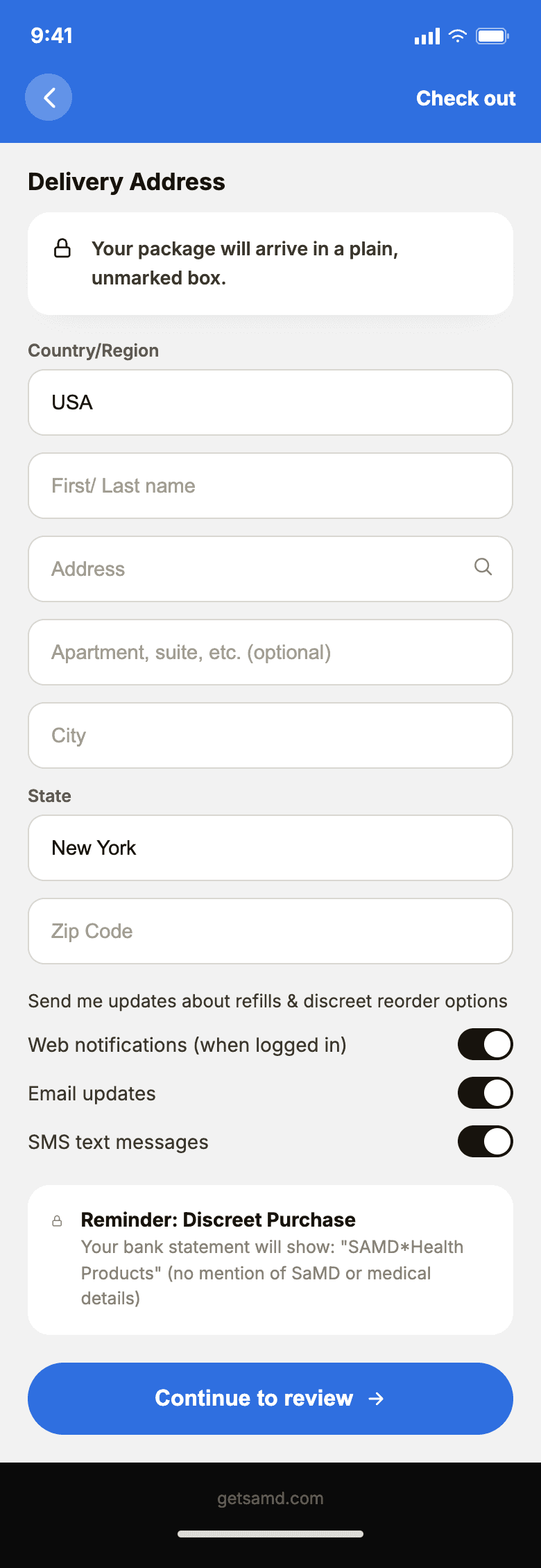 SaMD delivery address form with discreet packaging reminder