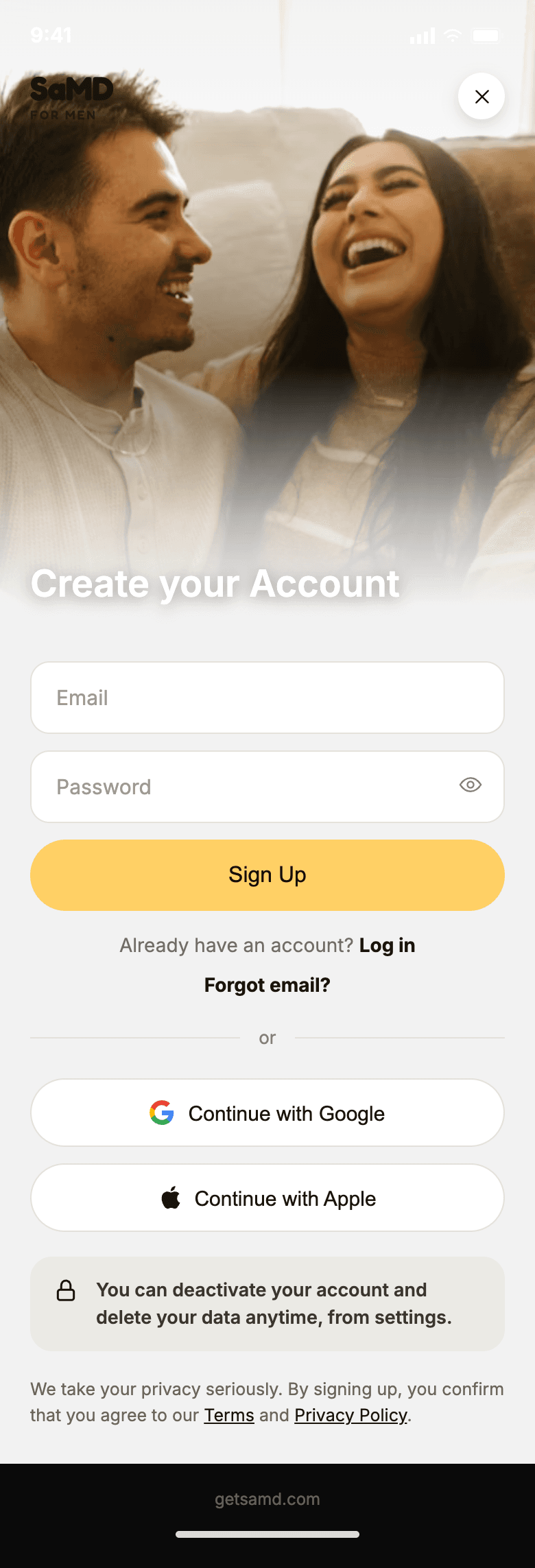 SaMD create account screen with email, password, and social sign-up options