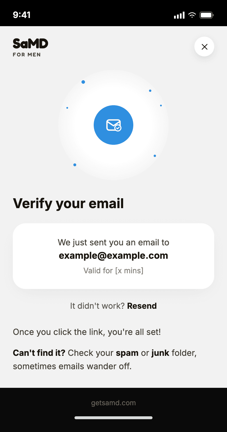 SaMD email verification screen prompting the user to check their inbox