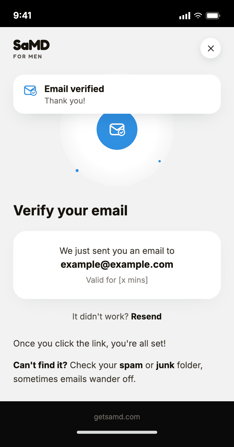 SaMD email verified confirmation toast over the verify-email screen