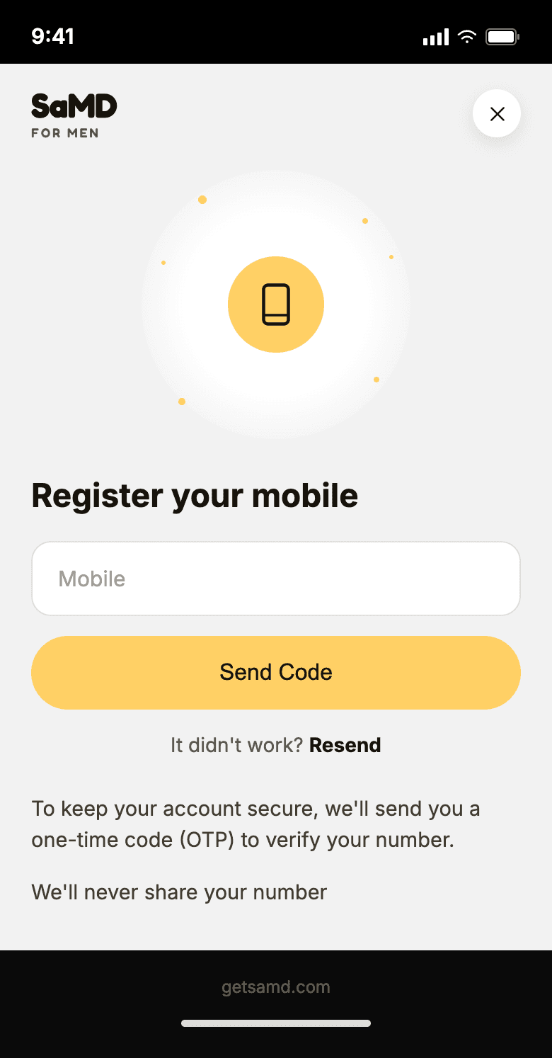 SaMD register mobile number screen with send-code call to action